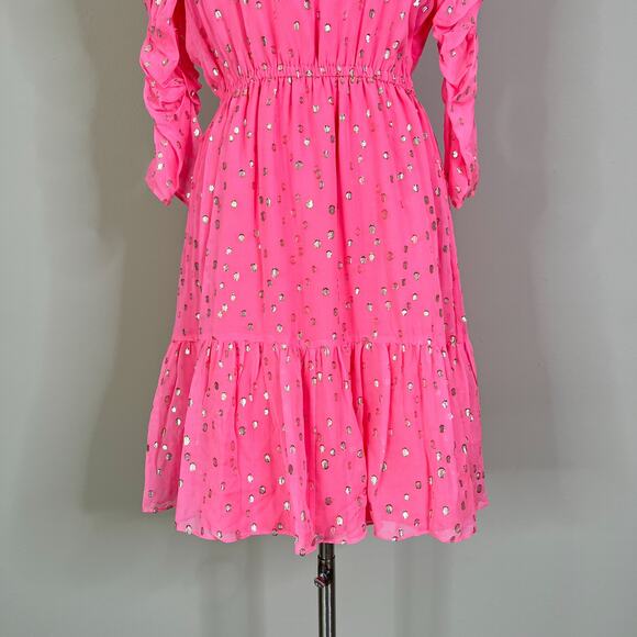 Lilly Pulitzer | Silk Chianna Coral Sands Pink Gold Polka Dot Puff Sleeve Dress - Picture 4 of 10